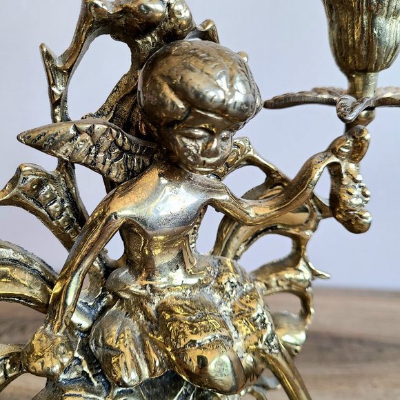 Vintage Solid Brass Candleholder with Cherub Figure. - Picture 2 of 7